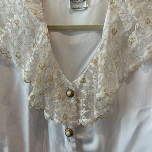 Vintage Bentley Blouse with Gold Lace Collar and Pearl Buttons - M